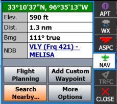 ) More - Additional options such as Extend Runway, Real View, or Find Nearby Airports. WX- Weather Information Displays a summary of the METAR at the touched area, or the closest nearby metar.