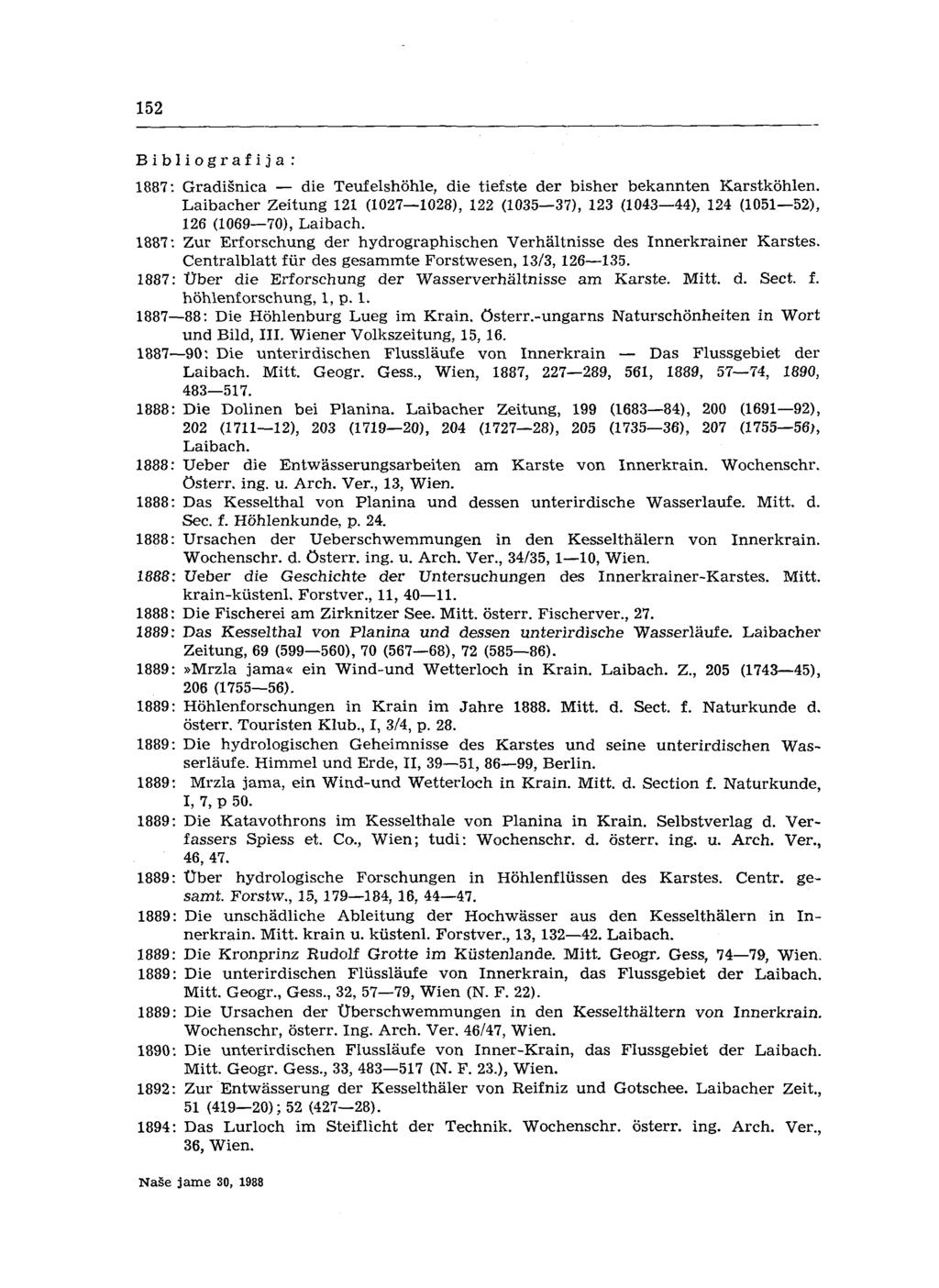 152 1887: Gradišnica - die Teufelshohle, die tiefste der bisher bekannten Karstkohlen. Laibacher Zeitung 121 (1027-1028), 122 (1035-37), 123 (1043-44), 124 (1051-52), 126 (1069-70), Laibach.
