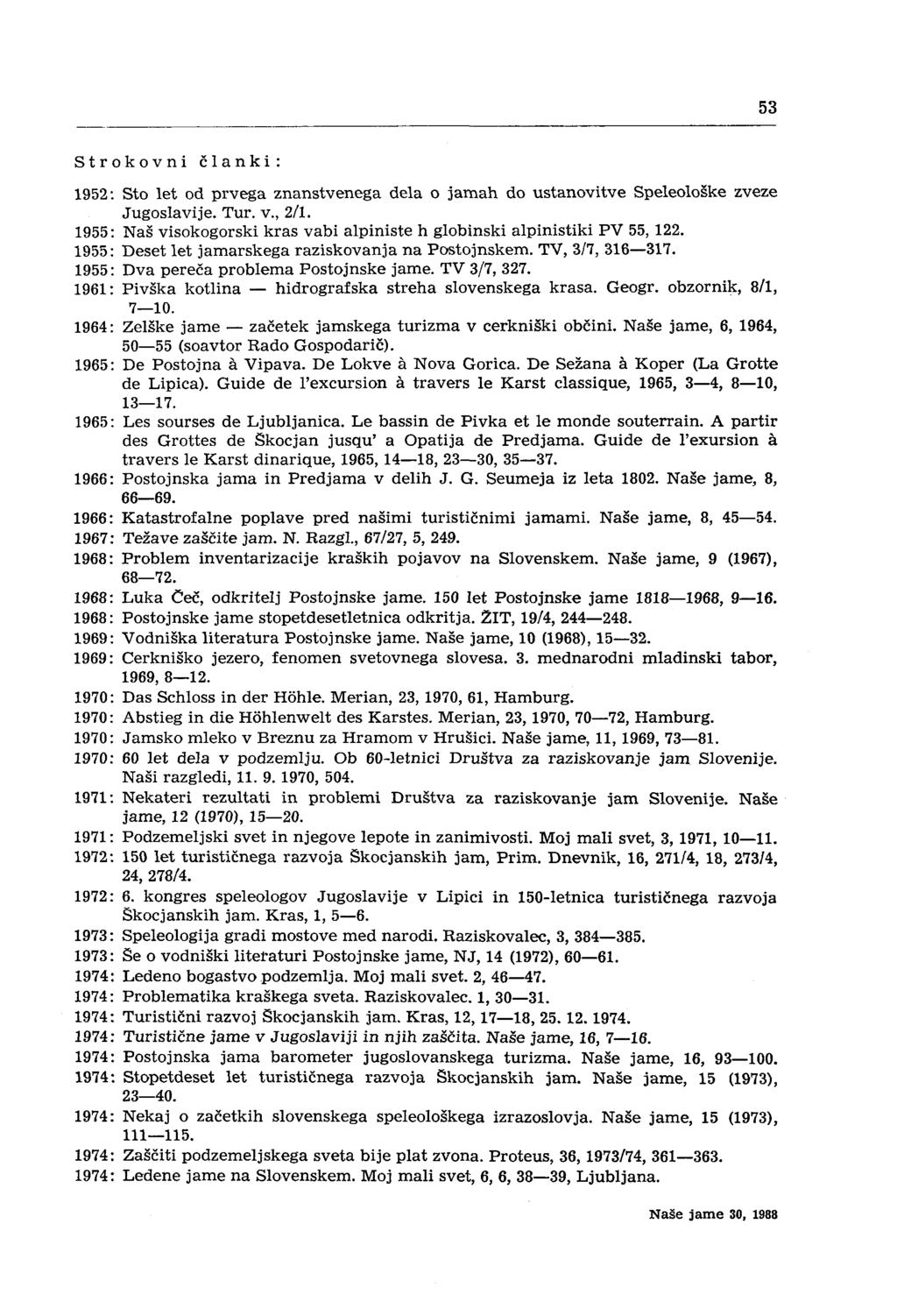 53 Strokovni članki: 1952: Sto let od prvega znanstvenega dela o jamah do ustanovitve Speleološke zveze Jugoslavije. Tur. v., 2/1.