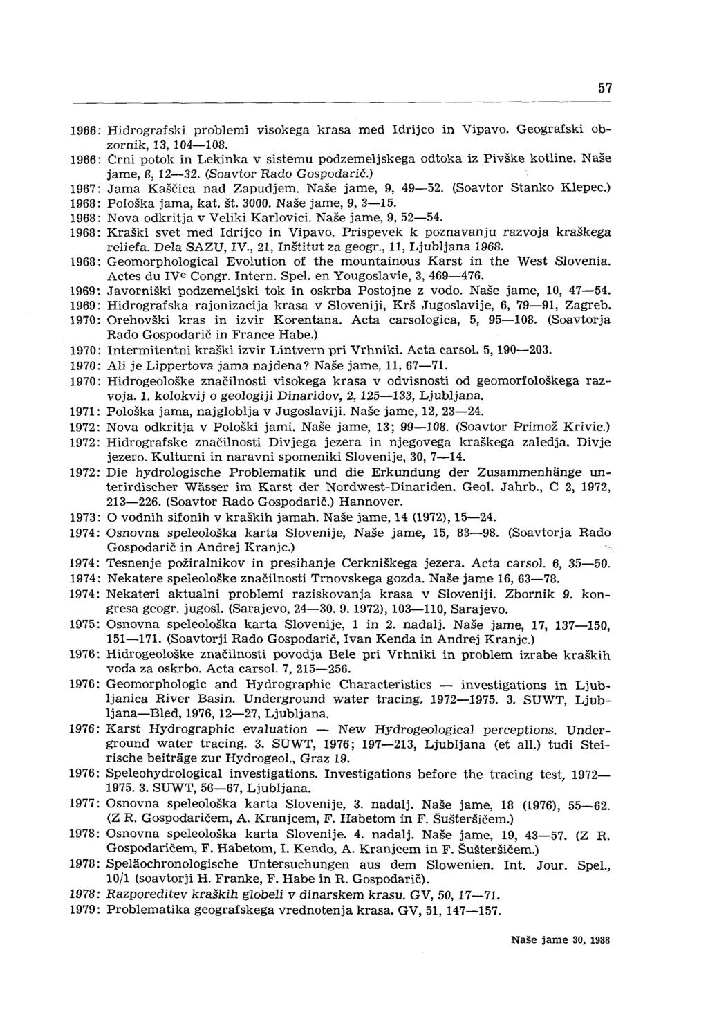 57 1966: Hidrografski problemi visokega krasa med Idrijco in Vipavo. Geografski obzornik, 13, 104--108. 1966: črni potok in Lekinka v sistemu podzemeljskega odtoka iz Pivške kotline.