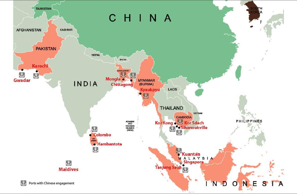 Malaysia và Indonesia, ngoại trừ Campuchia có hai cảng thì mỗi nước còn lại chỉ có một cảng của Trung Quốc. Bản đồ 5: Vị trí các cảng có sự tham gia của Trung Quốc tại Đông Nam Á và Nam Á.