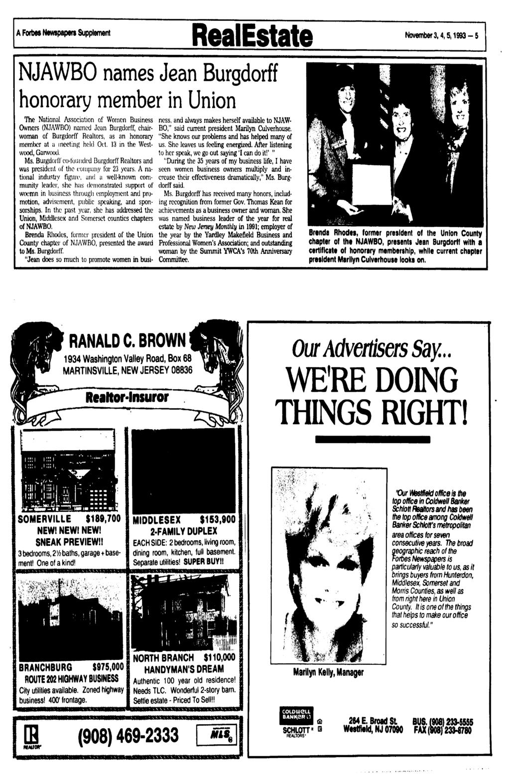 A Forbes Newspapers Supplement RealEstate November3,4,5,1993-5 NJAWBO names Jean Burgdorff honorary member in Union The National Association of Women Business Owners (NJAWBO) named Jean Burgdorff,