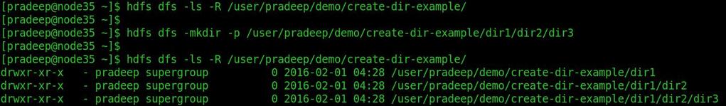 26 2. Creating a directory Syntax: hdfs dfs -mkdir [-p] <hdfs-dir-path> Example: hdfs dfs -mkdir