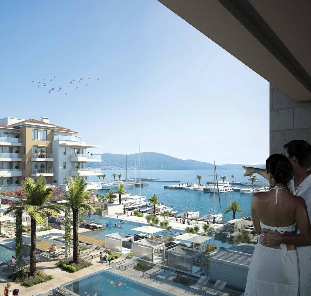 VIEW FROM THE RESIDENCE OVER THE POOLS AND PORTO MONTENEGRO MARINA property features A total of 70 HOTEL residences in 1-, 2- and 3-bedroom configurations unobstructed sea and mountain views option