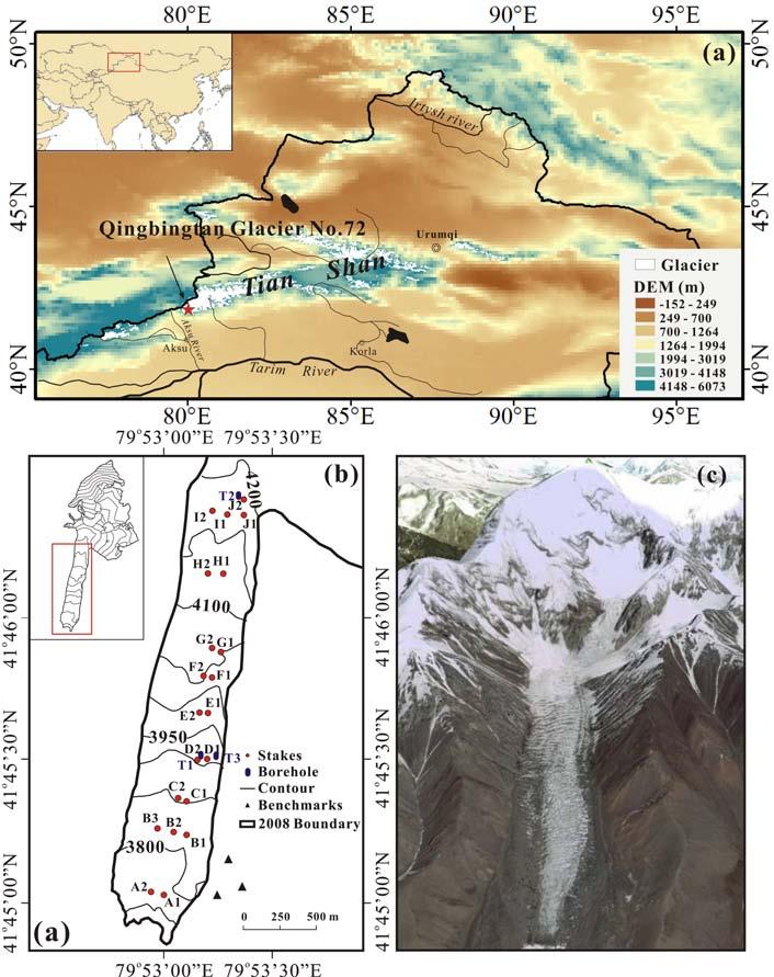 110 111 112 113 114 115 116 Figure 1. (a) The geographic location of Qingbingtan Glacier No. 72 in Mt. Tomor, Tian Shan, China; (b) Topographic map of Qingbingtan Glacier No. 72 and the surveyed area.