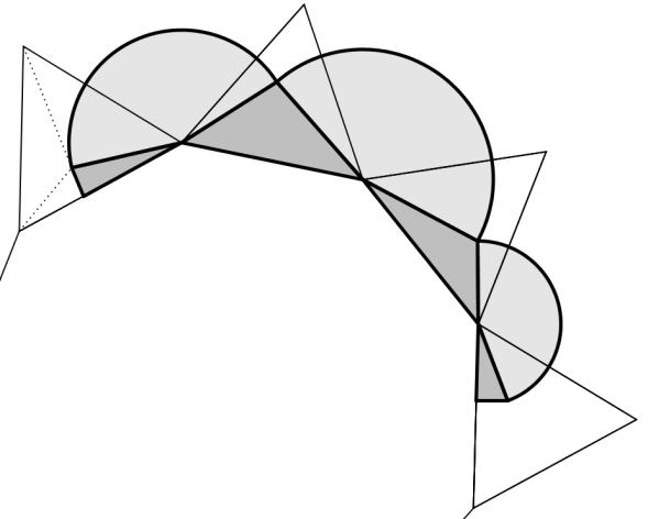 Ako, nepokretan mnogougao postaje prava, i kao granični slučaj iz prethodne formule dobijamo već poznatu formulu Na slici 57 je prikazana kriva dobijena kotrljanjem trougla oko i unutar