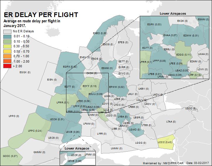 EN-ROUTE ATFM DELAY PER FLIGHT En-route delay per flight (min),5,4,3,2,1,,43 NICOSIA ACC,27 CANARIAS ACC/FIC,25,24 SEILLE TMA LISBOA ACC/UAC Top 2 delay locations for en-route delays in January