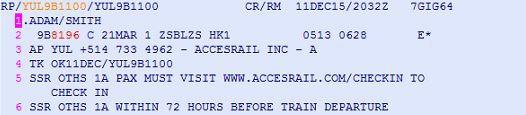 AccesRail replies to the booking indicating the need to checkin within 72 hours before departure of the rail segment at www.accesrail.com/checkin to retrieve their train ticket.