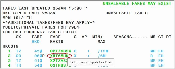 Fare Rules H/NOTES H/FUFN To display the fare rules from the fare display, click on the relevant fare basis code.