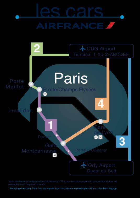 How to get to Paris Shuttle service Cars Airfrance From Airports: A reliable and economic way to Central Paris. Service runs 7 days a week, from 5 am to 11.40 pm. Very frequent service.