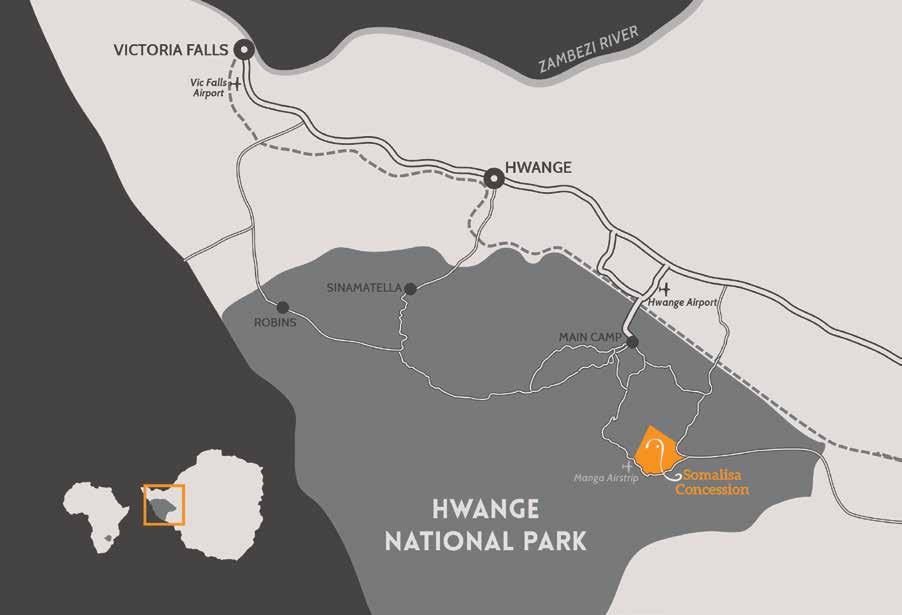 HWANGE NATIONAL PARK Zimbabwe Located almost halfway between Victoria Falls and Bulawayo, and bordering Botswana; Hwange National Park covers an estimated 14,650m2 making it the largest game reserve