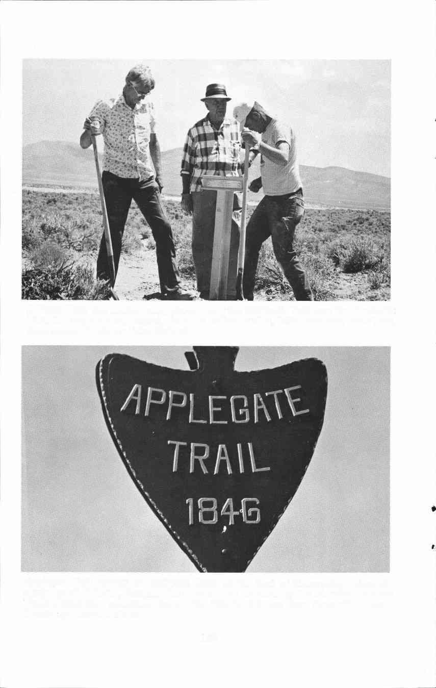 A Trails West, Inc. marker being placed along the California Trail near the Humboldt River in Nevada during August, 1975. Dr. Robert Griffin, 1975 President, Trails West, Inc., center.
