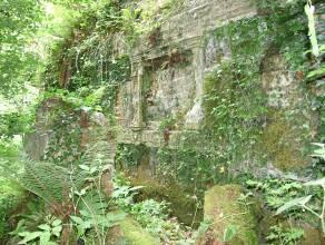It is surrounded on all sides by woodland and it is situated at the base of a slope. It consists of a mausoleum, two piers and a number of broken slabs and pieces of metal.