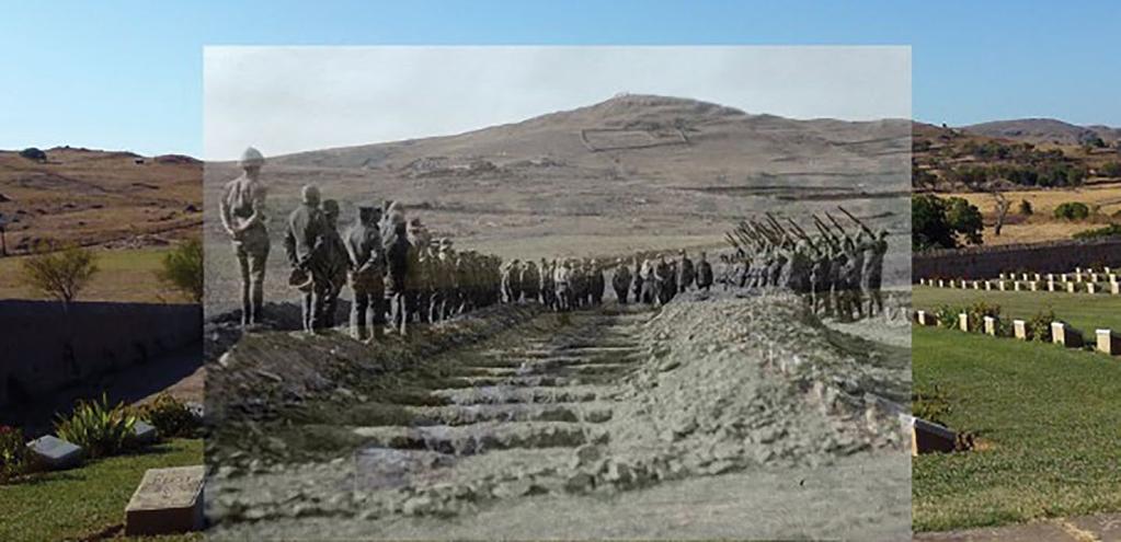Then and Now image of Portianos Military Cemetery. Original photo by A.W. Savage The firing after the Burial. Lemnos Island, c.