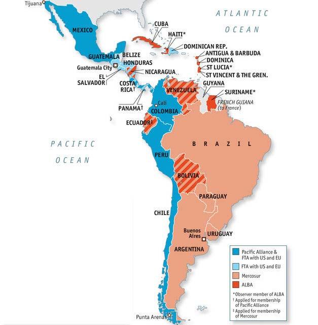 The Pacific Alliance vs. Mercosur Indicator Pacific Alliance Mercosur Population 214 287 GDP, $trn 2.11 3.41 GDP Growth 5% 2.