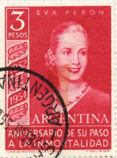 Slika 3.3 : Propagandna slika na znamki Evitini smrti leta 1952 (Vir: www.geocities.