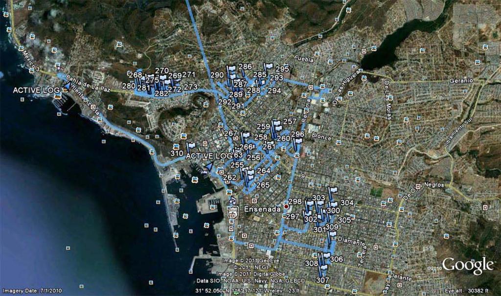 Section 2 Section 3 Section 1 Section 4 The Google Earth Image above shows the GPS tracks for four different sections of Ensenada that were surveyed for avocados.