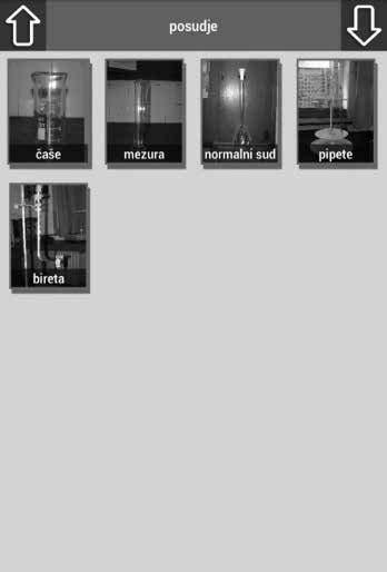 Slika14. sadrži kartice sa slikama laboratorijskog posuđa za merenje zapremine: čaša, menzura, normalni sud, pipeta i bireta.