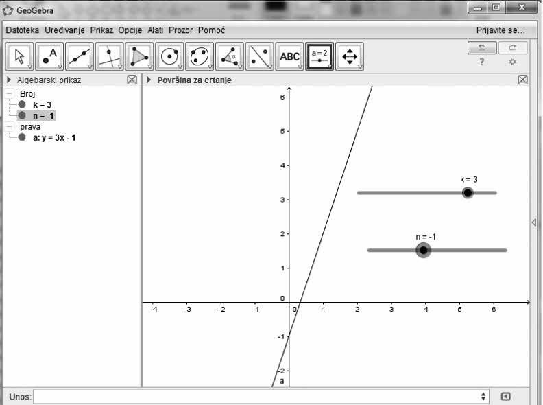 Slika 4. Izgled klizača parametara linearne funkcije 2. 2. Opis časa U osmom razredu osnovne škole za temu Linearna funkcija predviđeno je 12 časova.