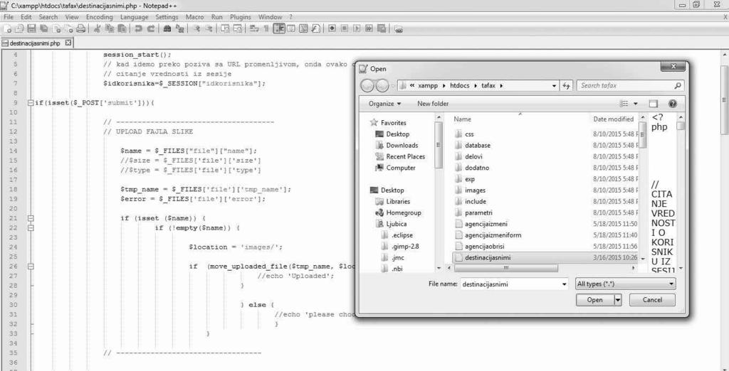 Za potrebe realizacije PHP programskog koda korišćen je alat Notepad ++, koji se ističe pogodnošću grafičkog označavanja različitih sintaksnih kategorija (Slika 5). Slika 5.