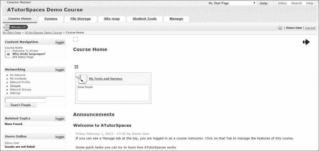 Screenshot startne stranice ATutor-a (demo) Okruženje u kom korisnici rade je bezbedno i komforno.