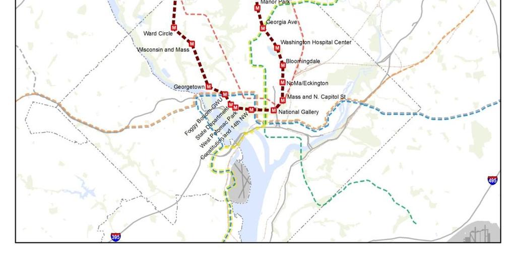Metrorail Brown Line Red line spur from Friendship Heights to Cherry Hill Connects to existing Metrorail stations at: Friendship Heights Foggy Bottom Federal Triangle Union