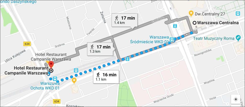 https://goo.gl/maps/2nc2c4q684e2 The hotel can be also reached by a public transport from the Central Railway Station, e.g.: tram 7 from "Dworzec Centralny" (central station) in the direction "Al.