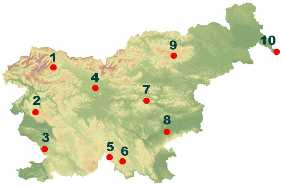 7 LOKACIJE SAMODEJNIH METEOROLOŠKIH POSTAJ GIS Meteorološka postaja Nadmorska višina (m) 1 Pokljuka 1330 2 Trnovski gozd (Fondek) 800 3