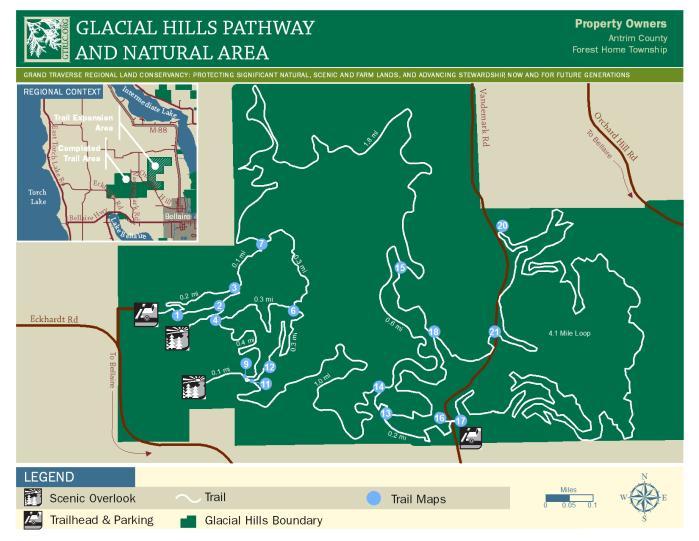 Glacial Hills Pathway & Natural Area Size: 763 total acres of public land ownership, held by Forest Home Township and Antrim County Location: About 1.5 miles northwest of Bellaire.