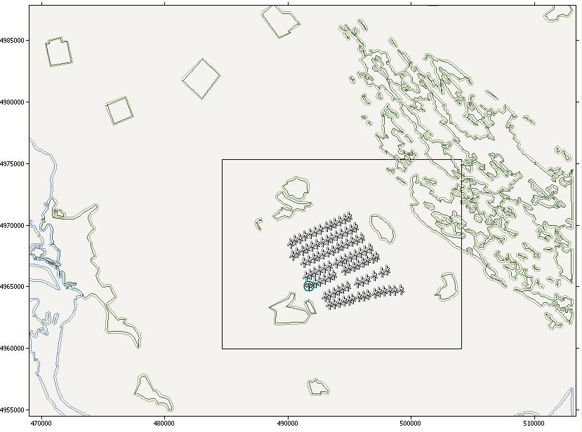 Slika 3.5: Vektorska WAsP mapa hrapavosti terena šireg regiona Deliblatske peščare sa naznačenom pozicijom mernog stuba i planirane vetroelektrane, [6] 3.7.