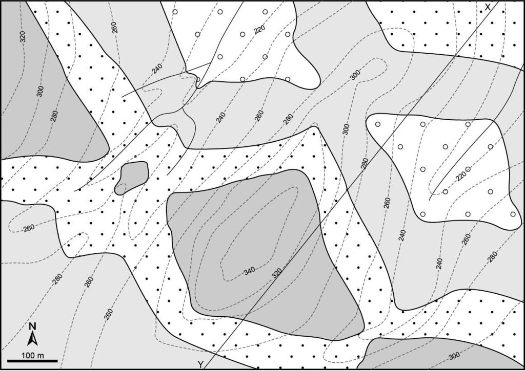 ZADATAK 4B: Pojednostavljena geološka karta prikazuje raspored stratigrafskih jedinica i granica čiji je oblik diktiran strukturnim odnosima, ali i utjecaj reljefa nije zanemariv.