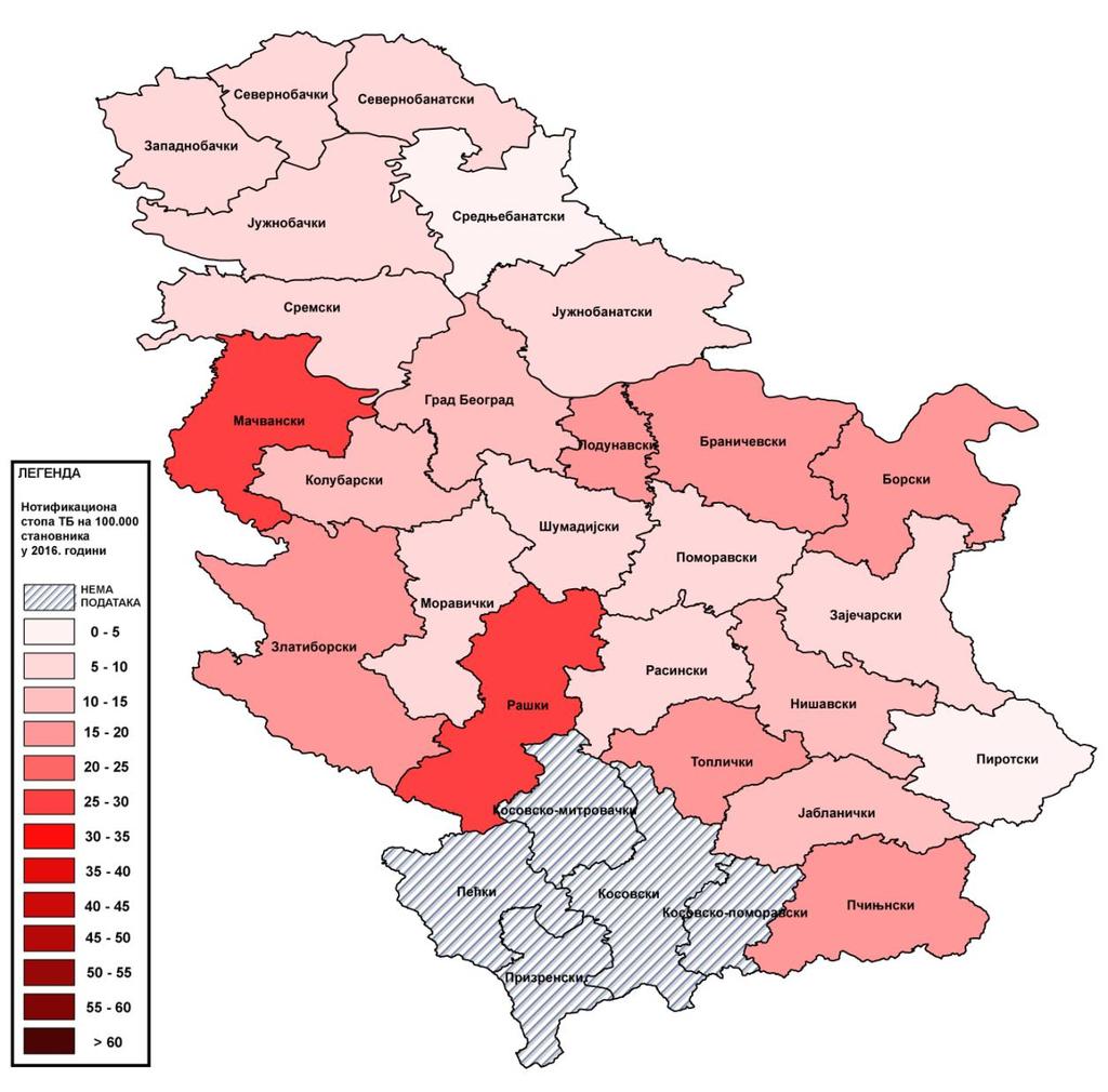 Слика. Нотификациона стопа туберкулозе по окрузима, Република Србија, 206.