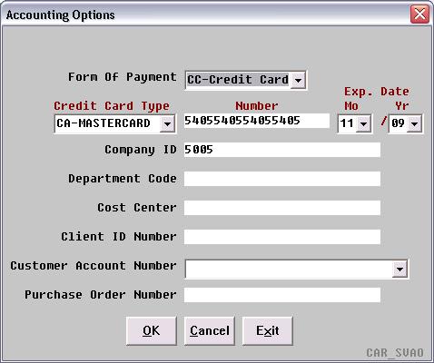 The Accounting Options" window allows you to view/modify form of credit card information and optional customerspecific reporting fields.
