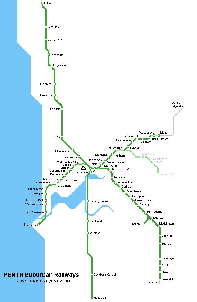 All Perth's urban rail track is a 1067 mm narrow gauge except for a short East Perth to Midland section which is dual gauge (narrow plus standard (1435mm) gauge).