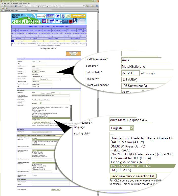 Figure 2 Sample OLC registration. Notice that the birthday is in European format and that 126 Association is selected as the scoring club.