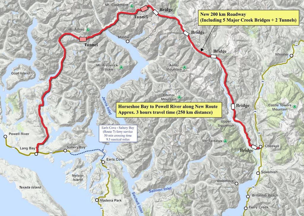 S CENARIO D EVELOPMENT (ROAD & B RIDGE L INKS) 4.6 Powell River Road Link This scenario connects Powell River to Highway 99 (north of Brackendale) with a new inland route through mountainous terrain.