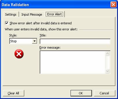 Slika 37 Otvorimo karticu Error Message (Slika 37) i potvrđujemo opciju Show error alert after invalid data is entered i upisujemo naslov i tekst poruke.