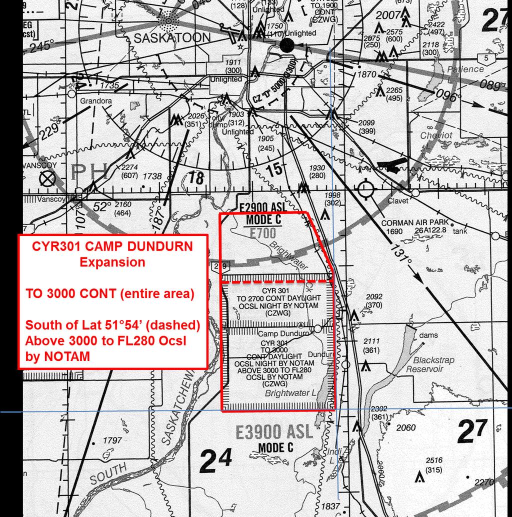 NAV CANADA 01 FEB 18 AERONAUTICAL INFORMATION CIRCULAR 4/18 EXPANSION OF RESTRICTED AIRSPACE CYR301 CAMP DUNDURN, SASKATCHEWAN (Replaces AIC 1/18) To facilitate military operations at Canadian Forces