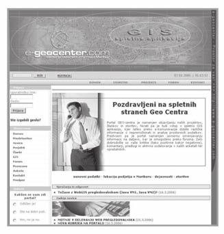2. SPLETNI PORTAL e-geocenter.com, ki ponuja aktualne informacije in hkrati omogoča dostop do spletne aplikacije na naslovu: www.e-geocenter.com. Slika 2: Vstopna stran spletnega portala. 3.
