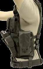 A glove pouch is located on the left shoulder while the right shoulder features a rifle stabilizer for shooting.