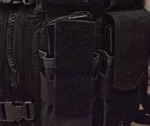 Stabilizing rib on right shoulder Three pistol mag pouches Touch-fastener flap utility pouch Six 30-round mag pouches