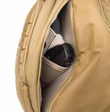 The secondary compartment is designed for concealed carry; a top and two side zippers provide three access points to this compartment.
