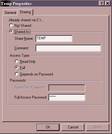U Windows 98/ME Otvoriće vam se prozor sa više opcija. Predefinisani ( eng. default ) izbor je Not Shared.