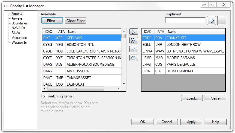 In this particular example, right click on Airports in the Airspace layer control, choose the Priority Lists option Some priority lists allow for filtering on relevant information about the specific