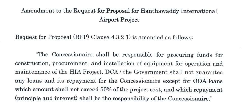 Hanthawaddy International Airport Development Project Amendment to The RFP Based on the result of negotiation, DCA amended Request for Proposal in financial portion The design and