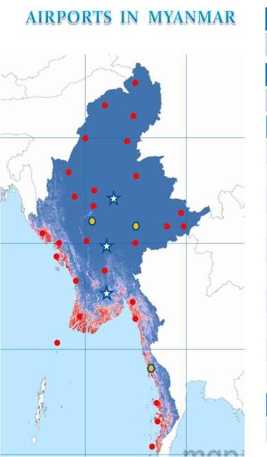 Total 69 aerodromes 33 airports are operational Scheduled flights operated at 27 airports Airports in Myanmar International Airports ( 3) Yangon Mandalay Naypyitaw Domestic Airports (30) Putao Heho