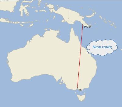 1.4.13 Papua New Guinea New route POM MEL Figure 26: New route recommendation for Papua New Guinea Schedule improvements For Virgin Australia flight 188 from POM arriving at 17:10, postponing the