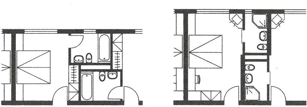 Слика 2. Опременост и димензионирање на двокреветна и еднокреветна хотелска соба во хотел со 3* според DENOGA (Германска класификација на хотели) Figure 2.
