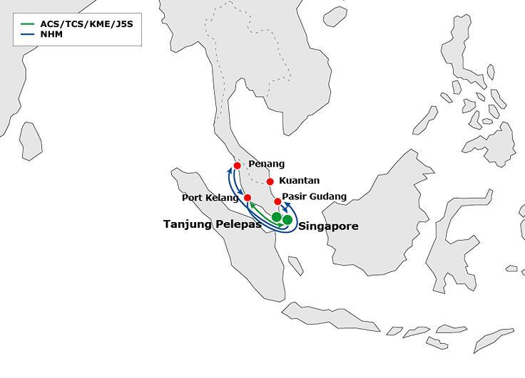 Malaysia Out Bound In Bound Port *Preferred Transhipment Hub Mode ETD T/T ETA T/T Port Kelang Feeder ACS/TCS/**KME/**J5S Sun Wed/Fri 2 2 Sun Tue/Thu/Fri/Sun 4 1/2 Penang Tanjung Pelepas Feeder **NHM