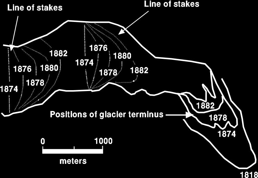 Map of Rhone Glacier, Switzerland, showing location of glacier termini and the positions of two lines of